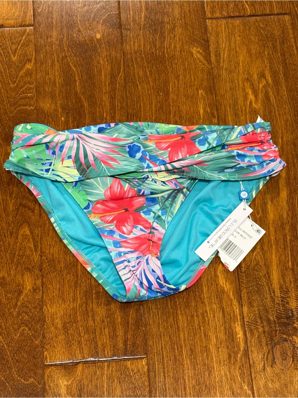 Bleu Rod Beattie Tropical Floral Bikini Bottom in Turquoise, Green, Pink, Red